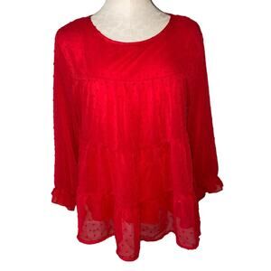 Pretty Garden Women’s Solid Red Long Sleeve Clip Dot Tiered Babydoll Blouse Sz M